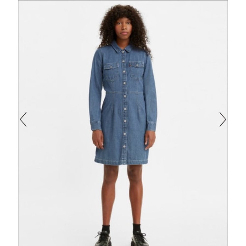 Levi’s Snap Button Short Sleeve Midi Denim Distressed Ellie Dress Size M
